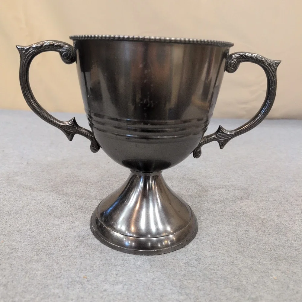 Vintage Silver Tone Loving Cup Trophy Ornate Handles Beaded Rim Pedestal Base - Picture 7 of 9